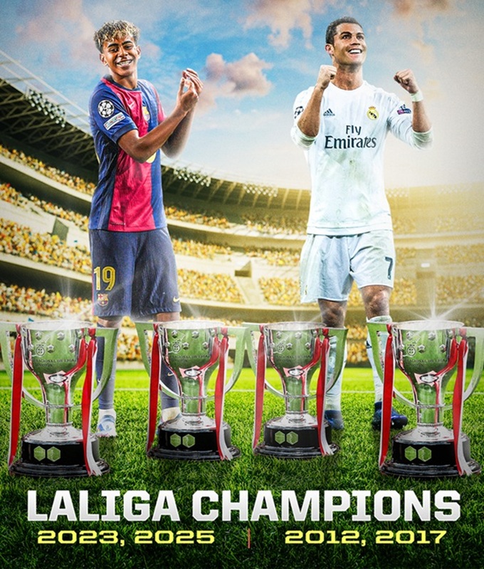 Yamal chỉ mất 3 mùa giải để có 2 chức vô địch La Liga, bằng với toàn bộ sự nghiệp của Ronaldo ở Real Madrid