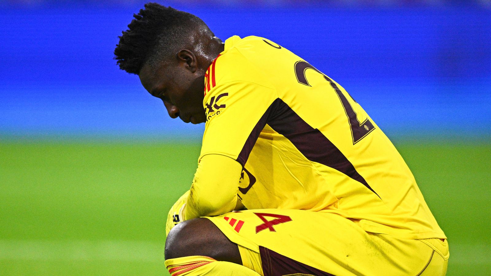 Onana in the familiar repentance posture after causing disaster