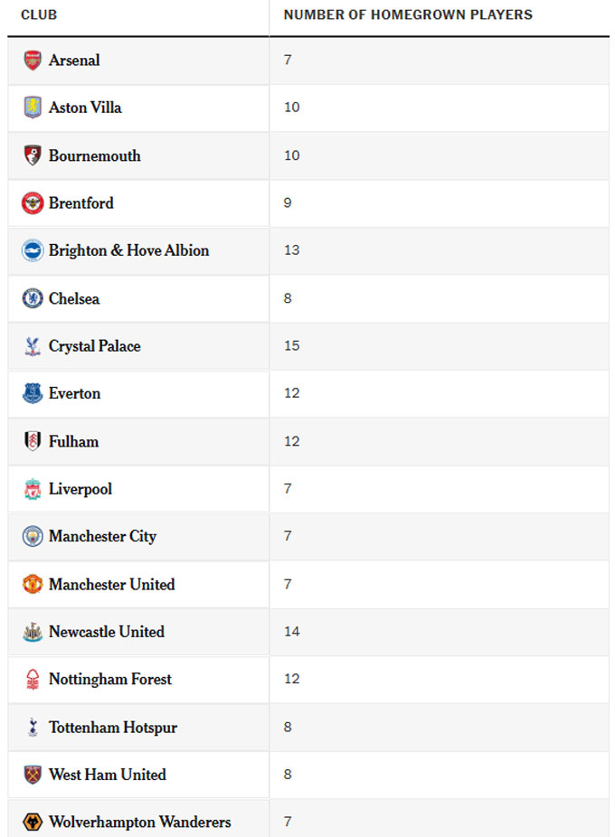Number of domestic players of the Premier League Club last season